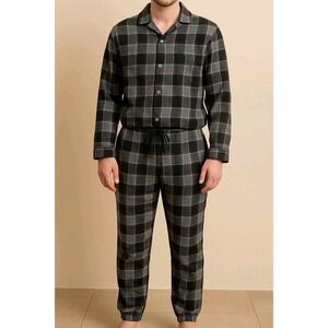 Vermont Country Store Large Flannel Pajama Set  GrayBlack Plaid Cotton Sleepwear